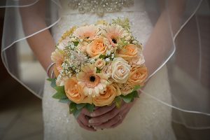 Wedding Eton Bride, flowers bouquet, veil, dress